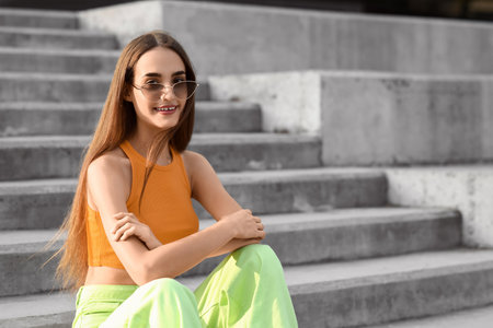 Beautiful young woman in stylish sunglasses sitting on stairs outdoors, closeupの写真素材