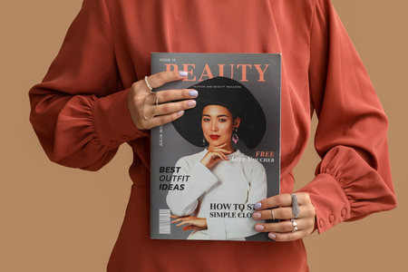Young woman with beautiful manicure holding magazine on color backgroundの写真素材