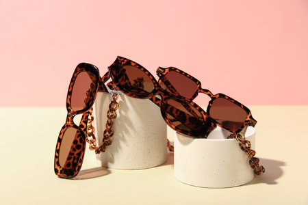 Decorative podiums with stylish sunglasses on colorful backgroundの写真素材