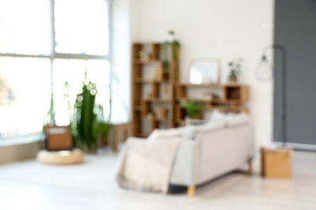 Blurred view of living room with sofa, shelf units and plantsの写真素材