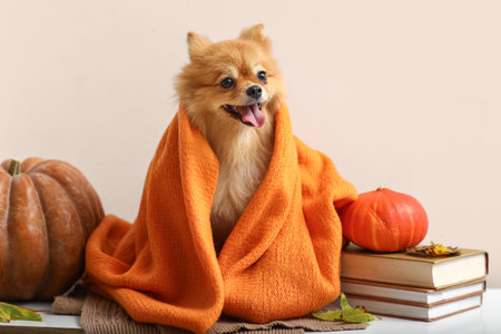 Cute Pomeranian dog with pumpkins, autumn leaves, books and plaid sitting on commode in roomの写真素材