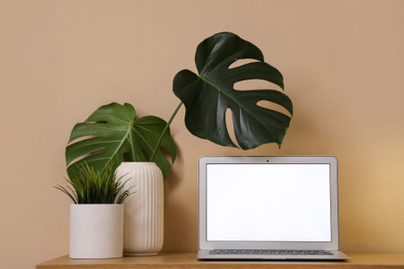 Laptop with blank screen and monstera leaves on wooden table near beige wall