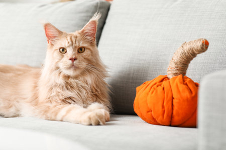 Cute Maine Coon cat with pillow in shape of pumpkin lying on gray sofa at homeの写真素材