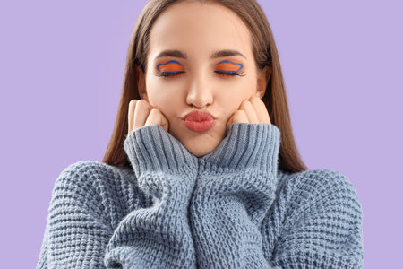 Beautiful young fashionable woman in stylish outfit blowing kiss on purple backgroundの写真素材