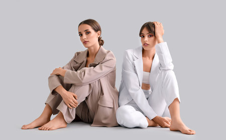 Beautiful young fashionable sisters in stylish outfits sitting on gray backgroundの写真素材