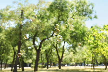 Beautiful soap bubbles floating in park