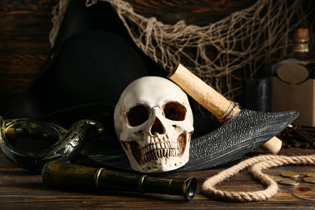 Skull with sword, spyglass and rope on wooden table. Pirate conceptの写真素材