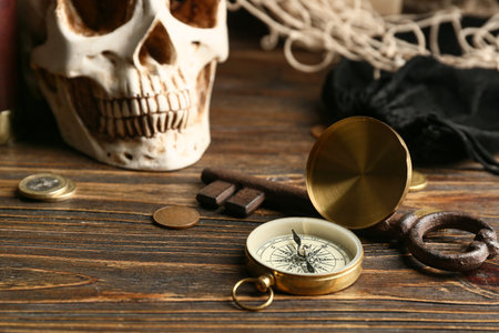 Compass with old key and coins on wooden table, closeup. Pirate conceptの写真素材
