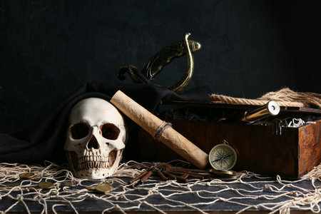 Skull with pirate hat, compass, chest and treasure map on dark tableの写真素材