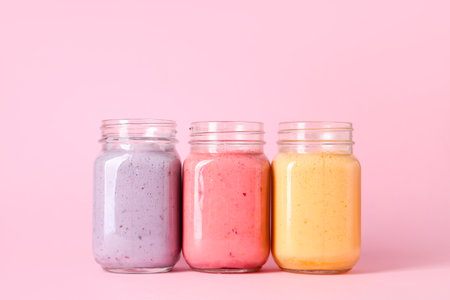 Mason jars of different fresh smoothie on pink backgroundの写真素材