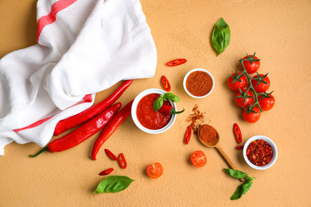 Bowl of tomato sauce with basil and chili pepper on brown background