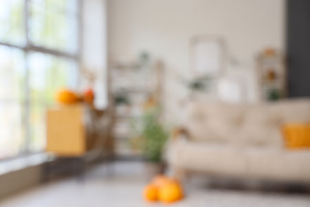 Blurred view of living room with sofa and pumpkinsの写真素材