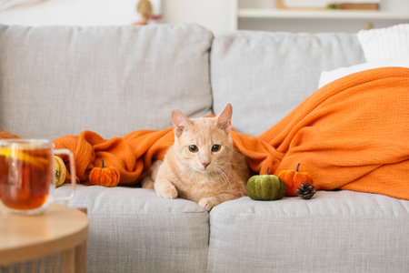 Cute cat with toy pumpkins and orange plaid lying on sofa at homeの写真素材