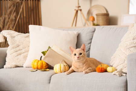 Cute cat with pumpkins and autumn leaves lying on sofa at homeの写真素材