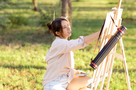 Beautiful artist painting with chalk in parkの写真素材