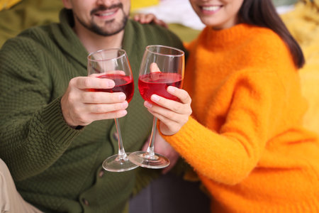 Young couple with glasses of wine in bedroom on autumn day, closeupの写真素材