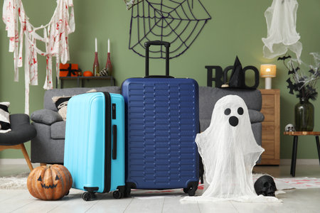 Suitcases with Halloween decor in living roomの写真素材