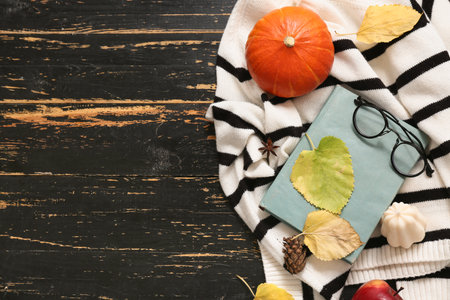 Composition with stylish sweater, book and autumn decor on dark wooden backgroundの写真素材