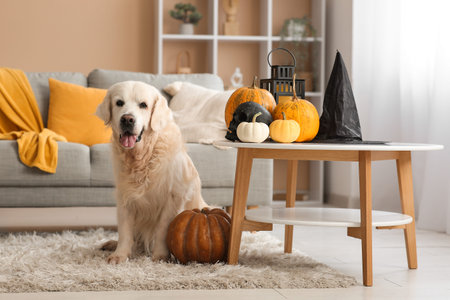 Cute Labrador dog with Halloween decorations and witch hat sitting at homeの写真素材