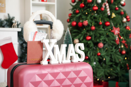Suitcase with earmuffs, passport and Christmas decor in living room, closeupの写真素材