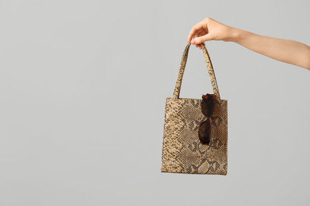 Female hand with stylish sunglasses and bag on gray background