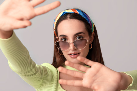 Beautiful young woman in stylish sunglasses and headband on gray backgroundの写真素材