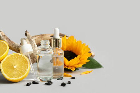 Composition with bottles of essential oil, lemons, sunflower and tree branch on light backgroundの写真素材