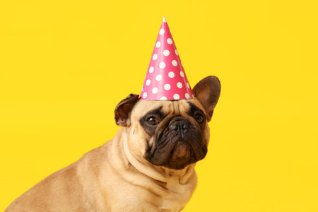Cute French bulldog in party hat on yellow backgroundの写真素材