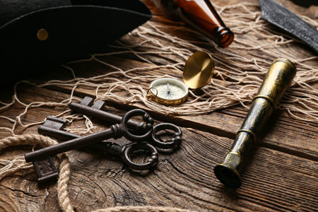 Old keys with compass, spyglass and net on wooden background, closeup. Pirate conceptの写真素材