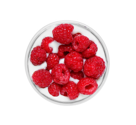 Glass of tasty yogurt with fresh raspberries on white background
