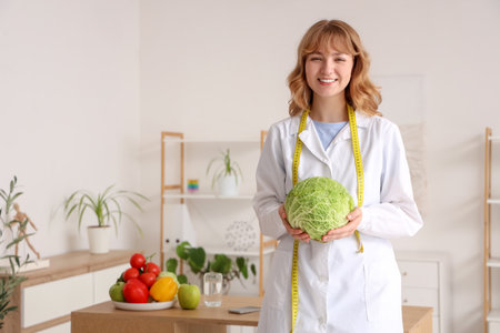 Female nutritionist with cabbage in officeの写真素材
