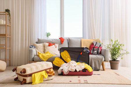 Interior of messy living room with sofa, scattered things and suitcasesの写真素材