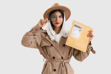 Female spy with envelope and magnifier on light background