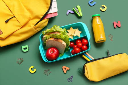 Lunch box with tasty food, school stationery and backpack on chalkboardの写真素材
