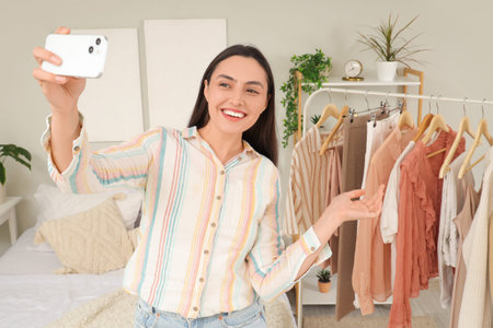 Young woman with mobile phone taking selfie near clothes rack in bedroom