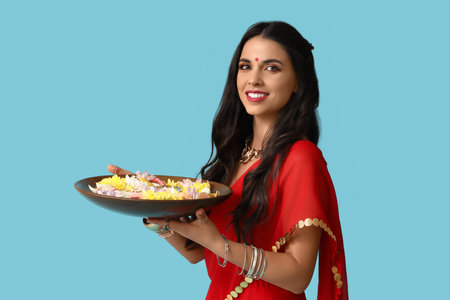 Beautiful young happy Indian woman in sari holding plate with candles and flowers on blue...