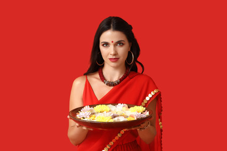 Beautiful young Indian woman in sari holding plate with candles and flowers on red background....