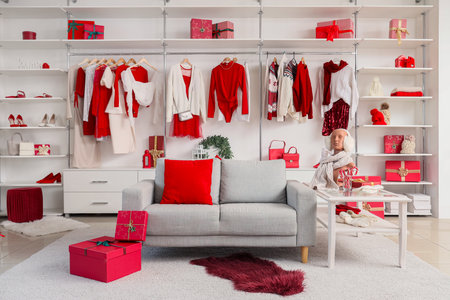 Modern wardrobe with stylish Christmas clothes, gift boxes and sofaの写真素材