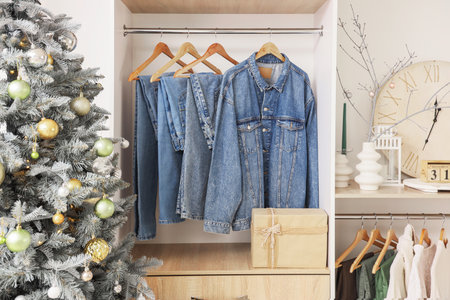 Modern wardrobe with stylish winter clothes, decorations and Christmas treeの写真素材