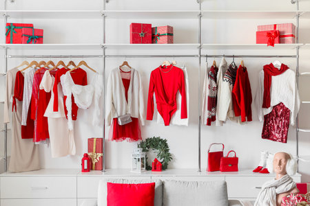Modern wardrobe with stylish Christmas clothes, gift boxes and sofaの写真素材