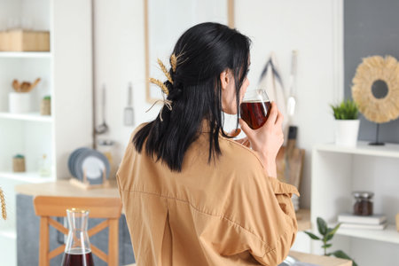 Young woman with glass of tasty kvass and spikelets in kitchen, back view