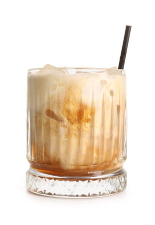 Glass of White Russian cocktail on white background