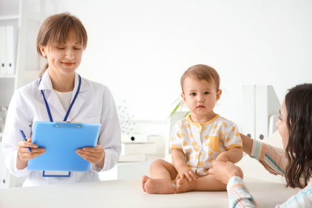 Woman and cute little baby visiting happy pediatrician with clipboard in clinicの写真素材