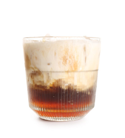 Glass of White Russian cocktail on white background