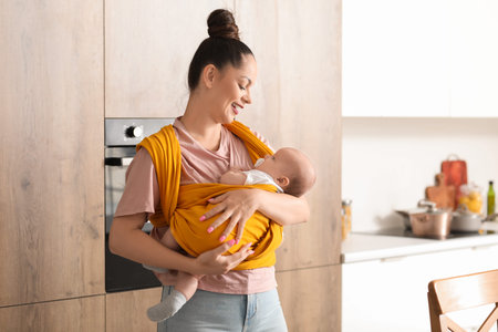Young happy mother with cute little baby in sling at kitchen