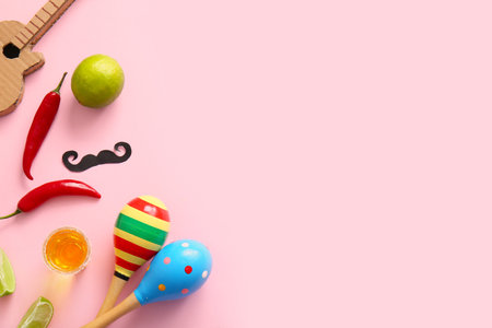 Composition with Mexican maracas, chili peppers, tequila and lime on pink background. El Dia de...