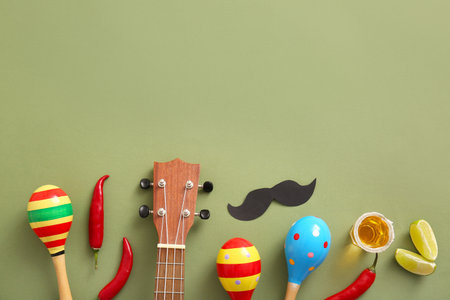 Composition with Mexican maracas, chili peppers and tequila on green background. El Dia de Muertos