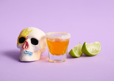 Glass of tequila, lime and painted human skull on lilac background. El Dia de Muertos
