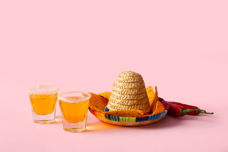 Glasses of tequila, mini sombrero, nachos and chili peppers on pink background. El Dia de Muertosの写真素材