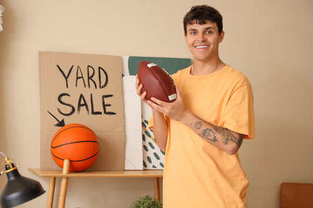 Young man with rugby ball in room of unwanted stuff. Yard Saleの写真素材
